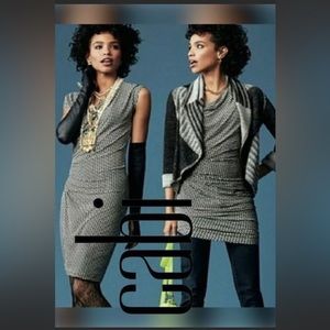 CAbi Monroe Black & White Geometric Print Drape Neck Ruched Jersey Knit Dress